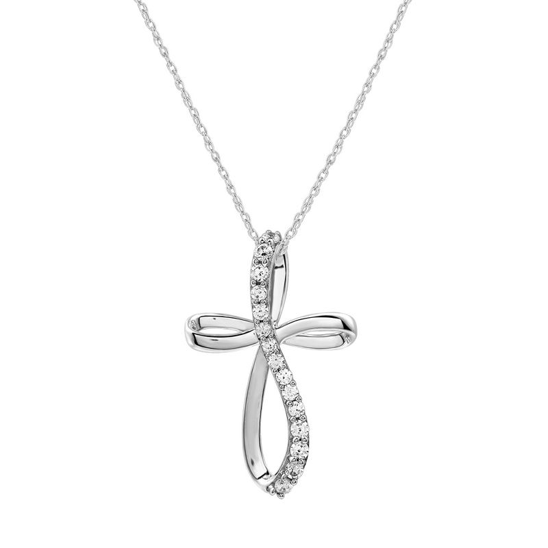 GILDED 1/4 Carat Total Weight Natural Round-Cut Diamond Twist Cross Pendant-Necklace in 10KT White Gold, 18" Chain