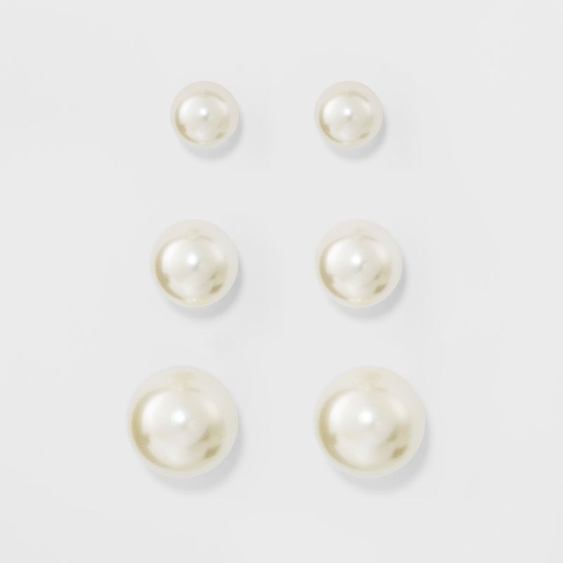 Faux Pearl Stud Earring Set 3ct - A New Day™ Silver: Glass, Brass, Nickel-Free Metal, Post Closure, 0.25" Dimensions