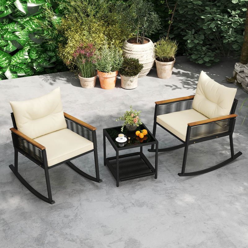 Costway 3 PCS Outdoor Rocking Bistro Set with 2-Tier Coffee Table, Acacia Wood Armrests