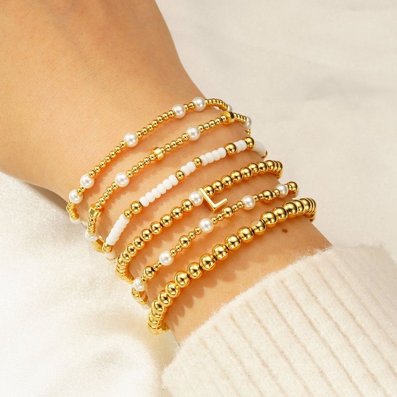 Turandoss 6PCS Gold Initial Bracelet for Women Girls - Stacked Beaded Bracelets for Kids, Layered Letter Pearl Bracelet Set, Christmas Gifts, 6In, L