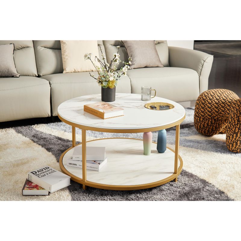 ORRD 34.64" White & Gold Round Coffee Table - 2-Tier Storage Shelf & Tray Modern Living Room Furniture