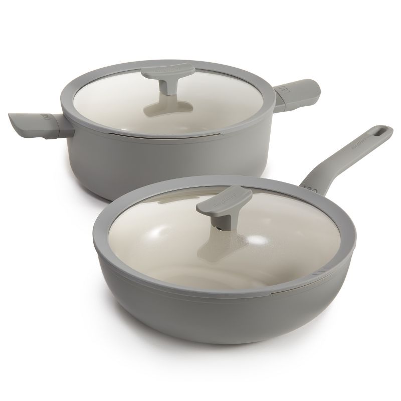 BergHOFF Balance 4Pc Non-stick Ceramic Stockpot and Wok Pan Set With Glass Lids, Recycled Aluminum, CeraGreen, Moonmist