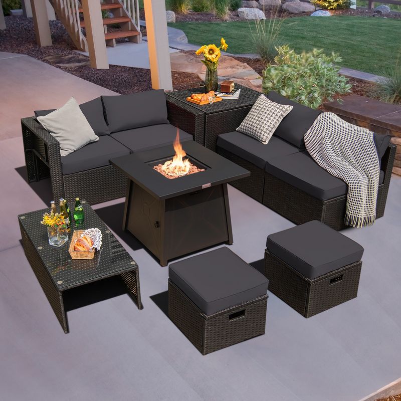 Costway 9PCS Patio Rattan Furniture Set Fire Pit Space-saving W/Cover Grey Cushion cover
