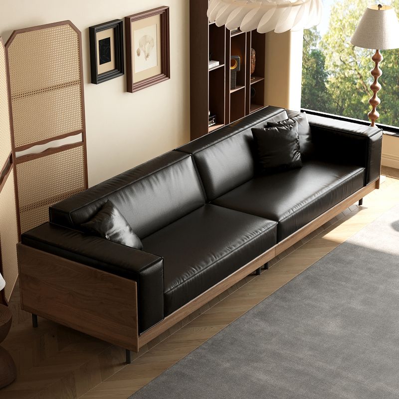 Luck Live MId-Century Modern Leather Sofa 98.42" Wide, Upholstered Couch with Solid Wood Frame, Metal Legs and 3 Throw Pillows