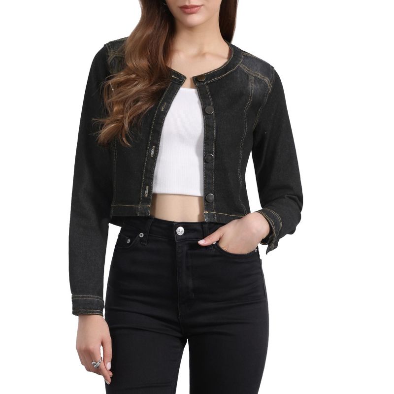 Allegra K Women's Collarless Button Down Crop Jean Denim Jackets Medium Black