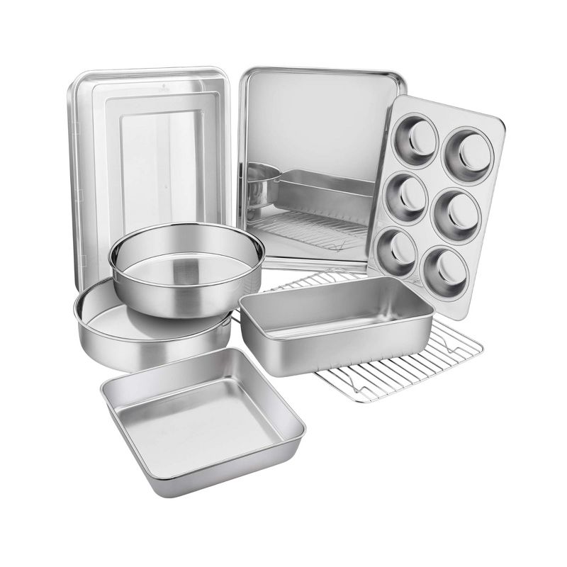 Itopfox Stainless Steel Bakeware Set, 9-Piece for Cake Cookie Loaf Muffin, Includes Round Square Rectangle Pans with Lid & Rack, Dishwasher Safe