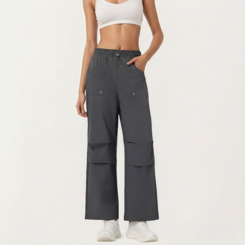Anna-Kaci Active Women's High Waist Wide Leg Cargo Sweatpants with Adjustable Drawstring and Utility Pocket Design - X Large, Gray