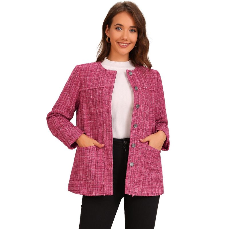 INSPIRE CHIC Women's Single Breasted Collarless Fringed Casual Business Tweed Jacket Pink Medium