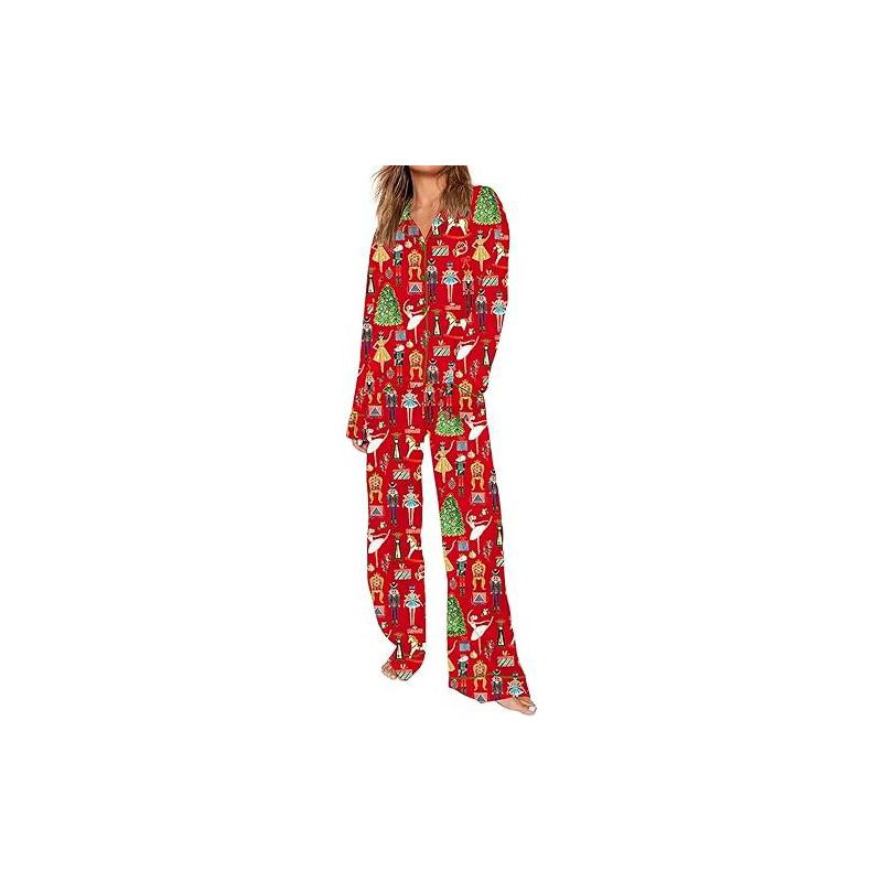 SHESHOW Pajamas for Women Set Long Sleeve Button Down Shirt And Pajama Pants Funny Satin Pjs Nightwear Sets Red S