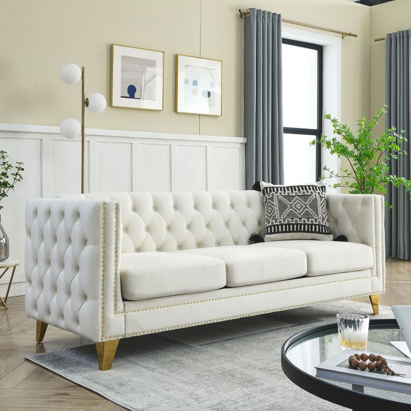 Living Room Modern Velvet Sofa With Button Tufted Square Arms And Metal Legs, Beige - ModernLuxe