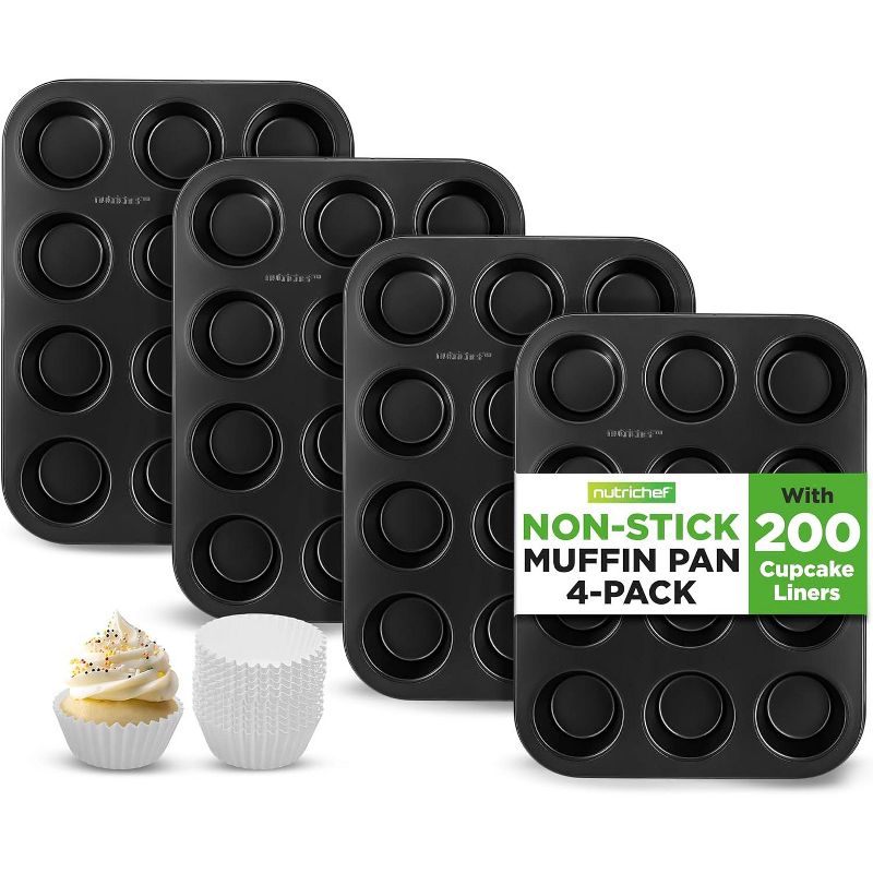 NutriChef 4-Piece 12-Cup Non-Stick Muffin Baking Pans with Parchment Liners NC2TRCP4X2 - Black