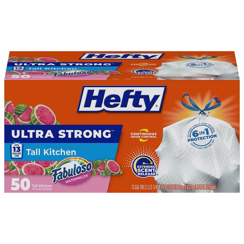 Hefty Ultra Strong Fabuloso Tall Kitchen Drawstring Trash Bags - Watermelon - 50ct