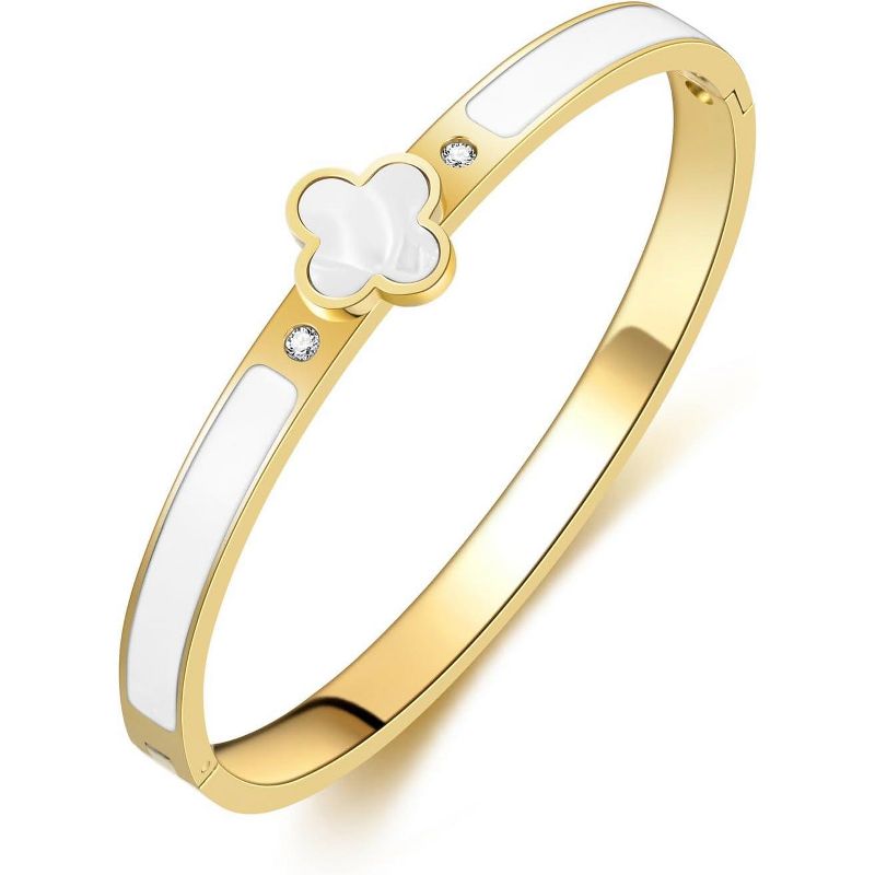 18k Gold Plated Stainless Steel Four Leaf Clover Bracelet Non-Tarnish, Precision Polished Chunky Oval Bangle White 6.7