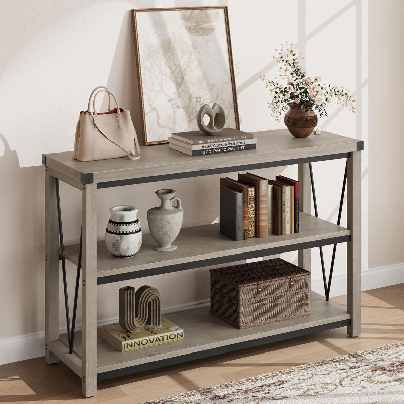 Coucheta 47 Inch Farmhouse Console Table with Storage, Narrow Long Entryway Table 3-Tier Shelf, Grey Sofa Table for Living Room Hallway, Gray