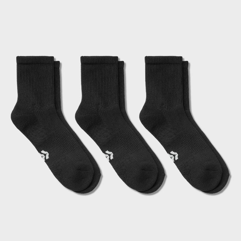 Men's 3pk Quarter Crew Socks - All In Motion™ Black 6-12: Recycled Polyester, Cushioned Heel & Toe