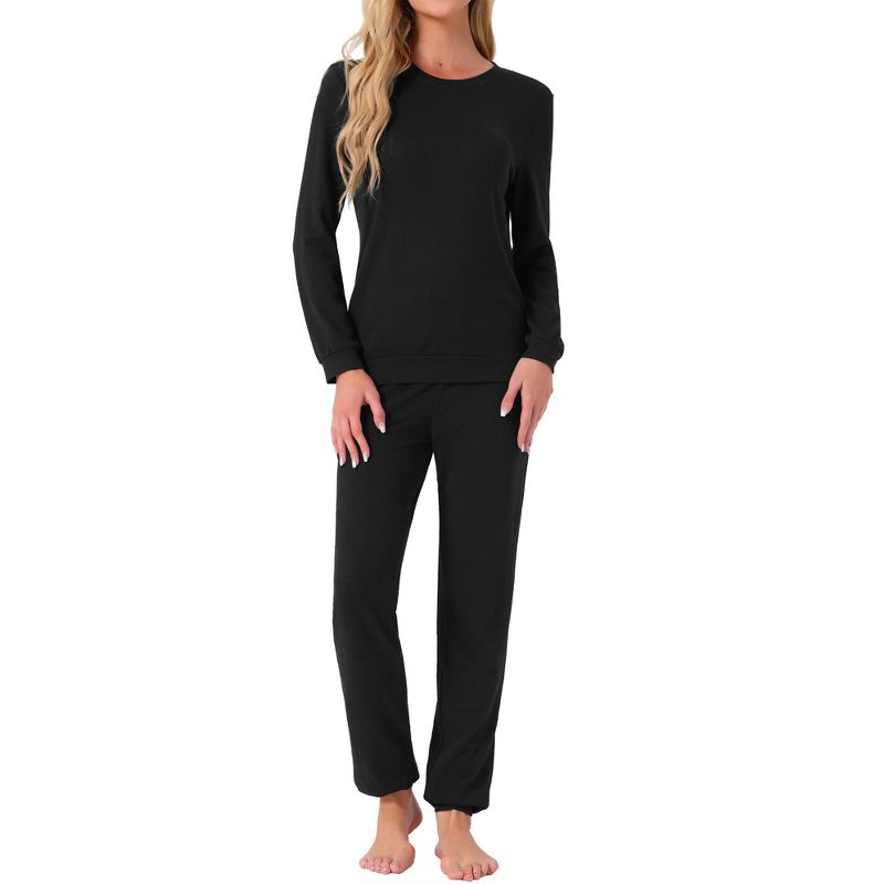 cheibear Women's Star Long Sleeve Printed Lounge Set Sweatshirt Jogger Pants 2 Pcs Pajama Sets Black X-Small