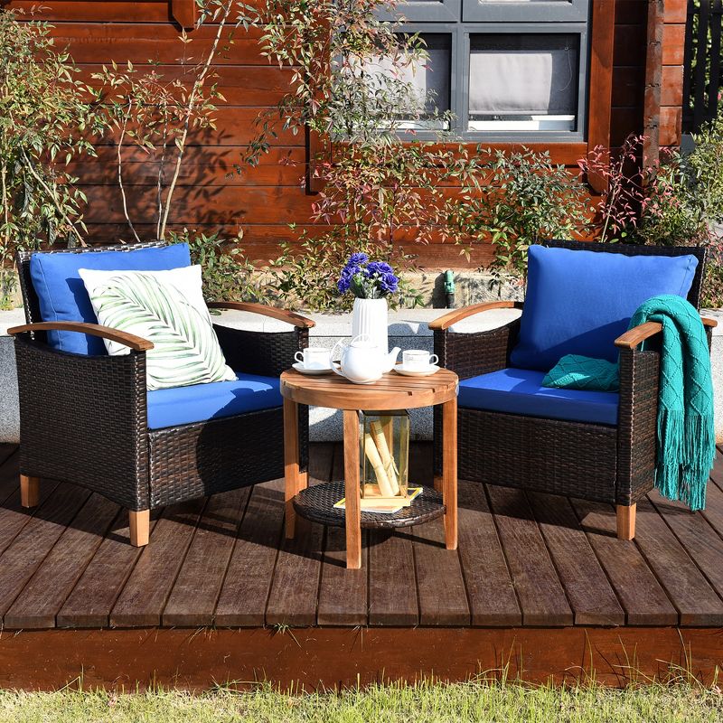Costway 3PCS Patio Rattan Furniture Set Solid Wood Frame Cushion Sofa Round Table Shelf