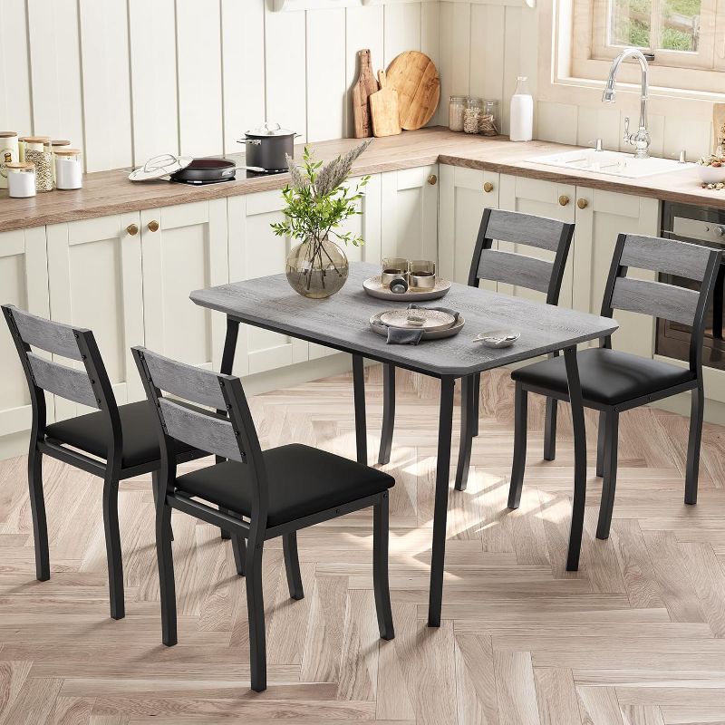 Dining Table Set for 4, Metal Frame Kitchen Table and Chair Set with Chamfer Design, Space-Saving Dining Room Furniture for Small Spaces, Gray