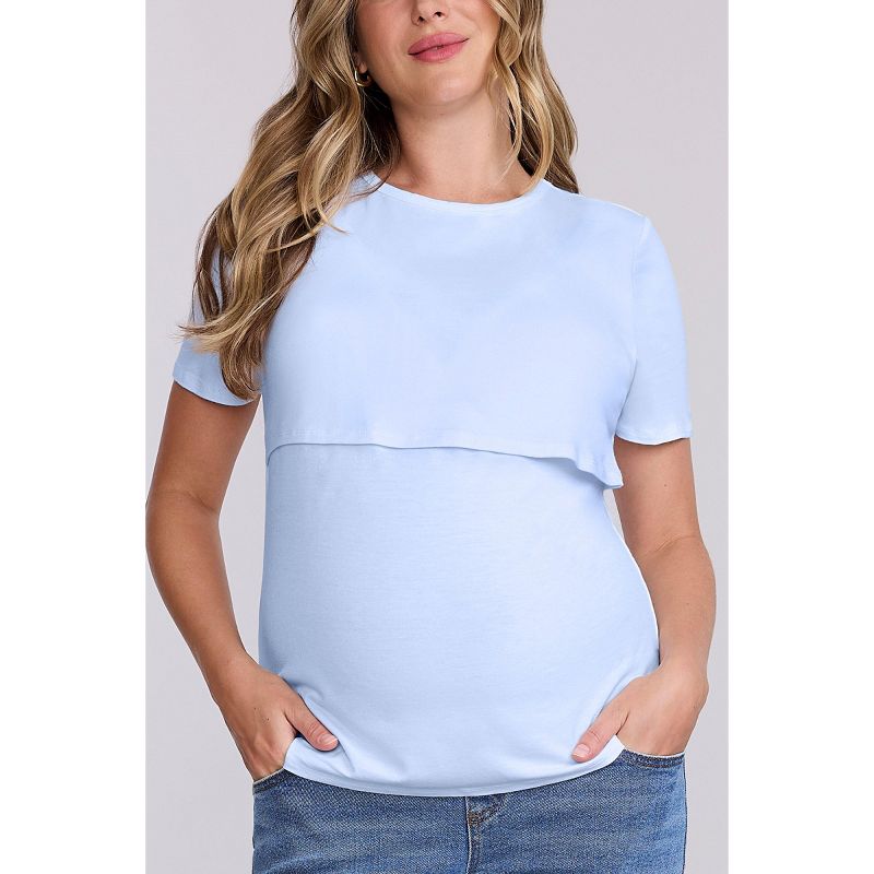 Women's Crewneck Short Sleeve Nursing Maternity Tee - Cashmere Blue - Size: Medium - Motherhood Maternity
