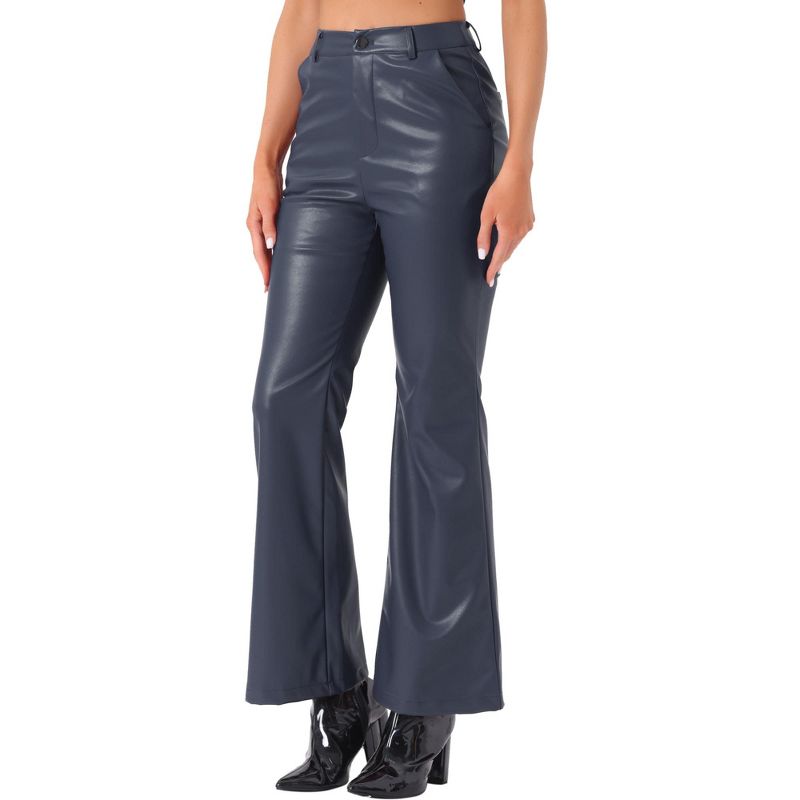 INSPIRE CHIC Women's High Waist Bottom Flared Faux Leather Pants With Pockets Dark Blue Small
