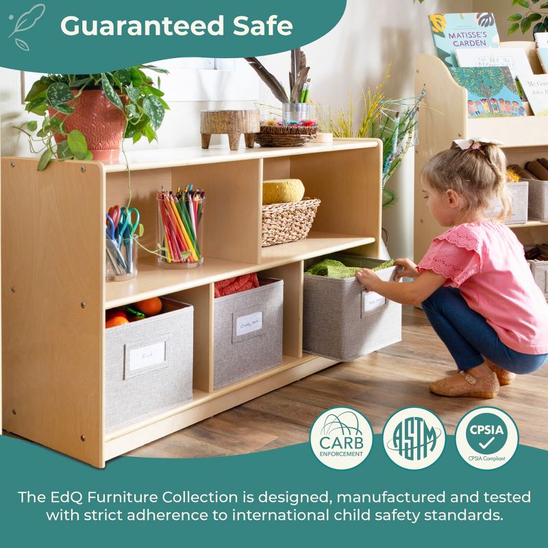 Guidecraft EdQ 2-Shelf 5-Compartment Storage 24" - Natural: Kids' Wooden Bedroom and Playroom Toy and Book Organizer with Fabric Bins