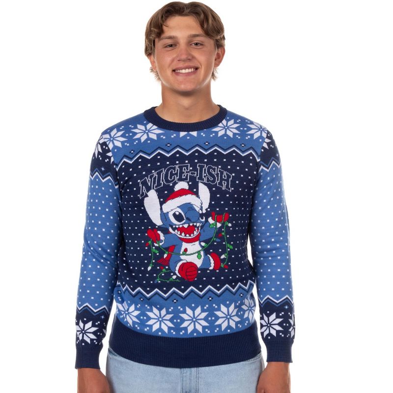 Disney Stitch Men's Nice-Ish Holiday Lights Pullover Ugly Christmas Crewneck Sweater (Large) Multicolored
