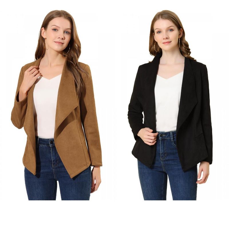 INSPIRE CHIC Women's Faux Suede Lapel Draped Outwear Open Front Jacket 2 Packs Brown/Black Small
