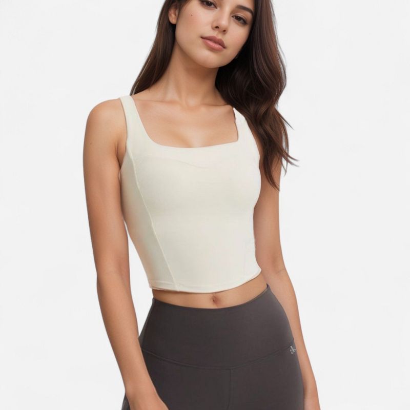 Anna-Kaci Active Women's Square Neck Active Crop Tank Top with Contour Seams Wide Straps and Sculpting Stretch Performance Fabric - Off White, X Large