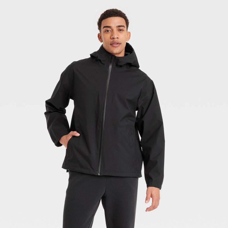 Men's Waterproof Rain Coat - All In Motion™ Black XL: Recycled Polyester, Lightweight, Adjustable Hood