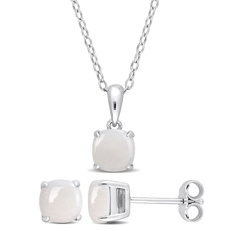 EVERLY JEWELRY | Sterling Silver 1-9/10 CT TGW Cushion-Cut Opal 2-Piece Solitaire Pendant with Chain and Stud Earrings Set - 18 in