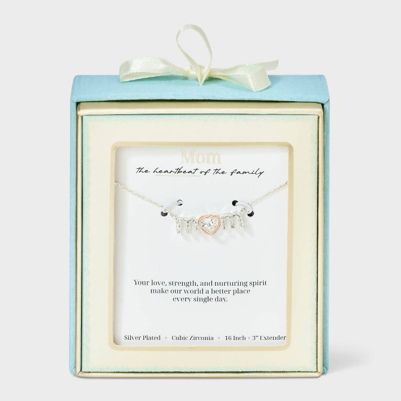 Silver Plated Cubic Zirconia "Mom" Necklace - Silver