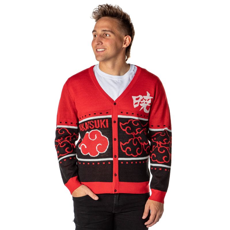 Naruto Shippuden Men's Akatsuki Red Cloud Ugly Sweater for Christmas Button-Up Knit Cardigan (Small) Red