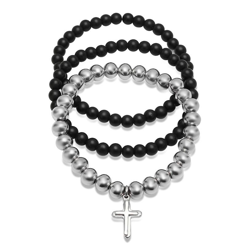 Steeltime Men's set of 3 black lava and stainless steel with cross beaded bracelets. Color Options: Silver, Gold