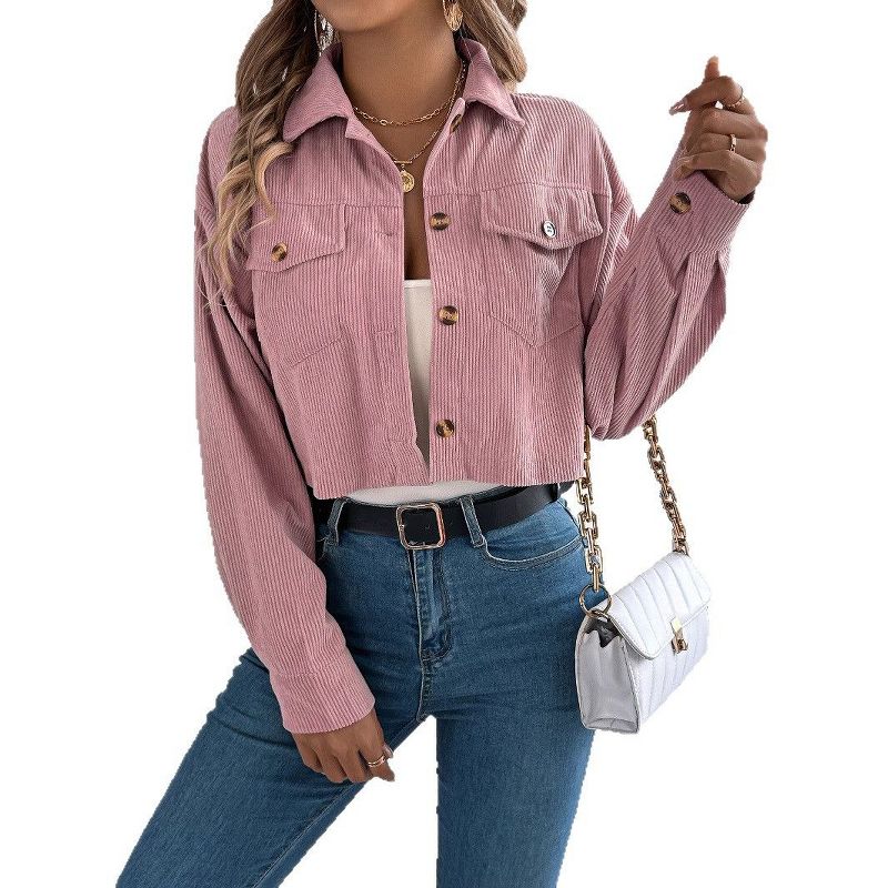 Coolmee Women's Fashion Cropped Jacket Button Down Corduroy Jackets Pink L