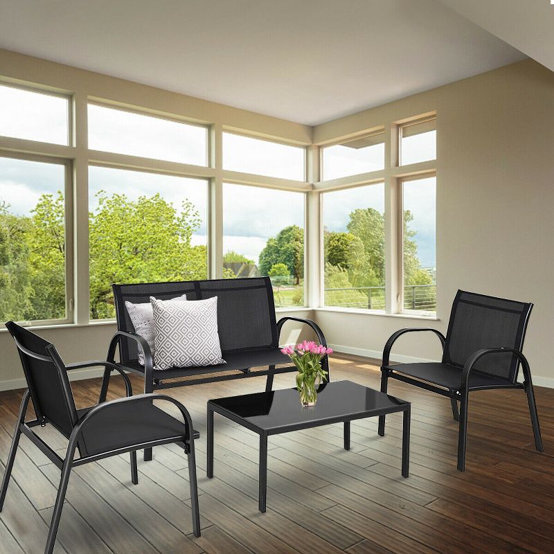 Costway 4 PCS Patio Furniture Set Sofa Coffee Table Steel Frame Garden Deck Black