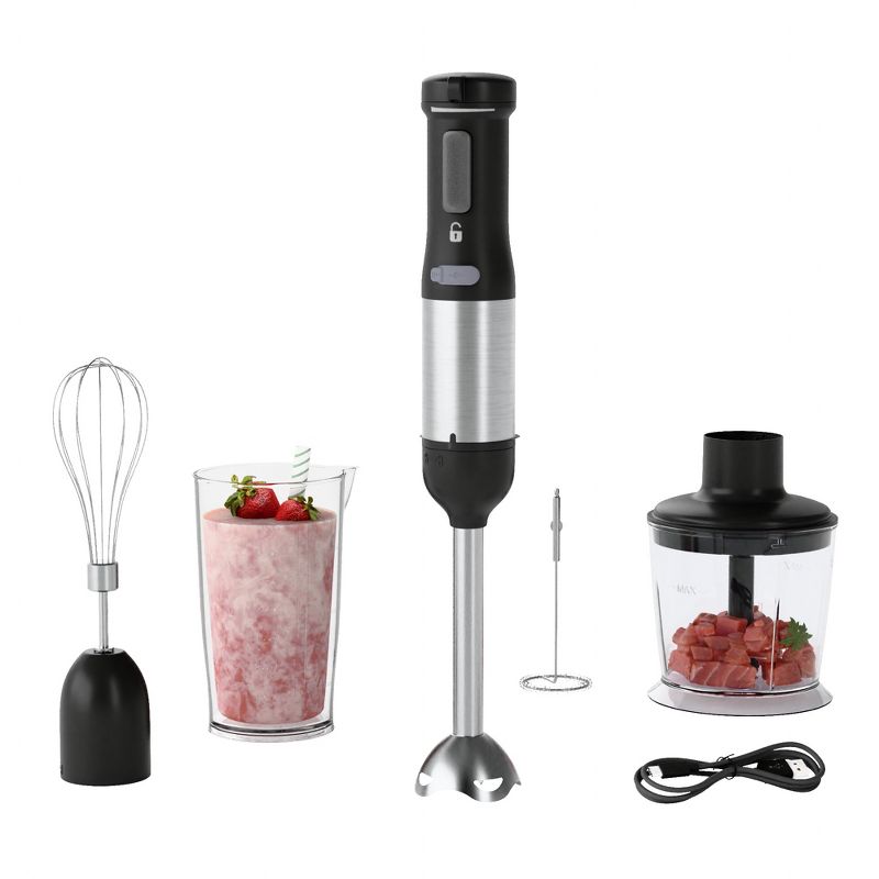 WHALL Cordless Rechargeable Immersion Blender – Portable Stick Blender with Whisk, 700ml Beaker & 500ml Chopper, Milk Frother, Silver