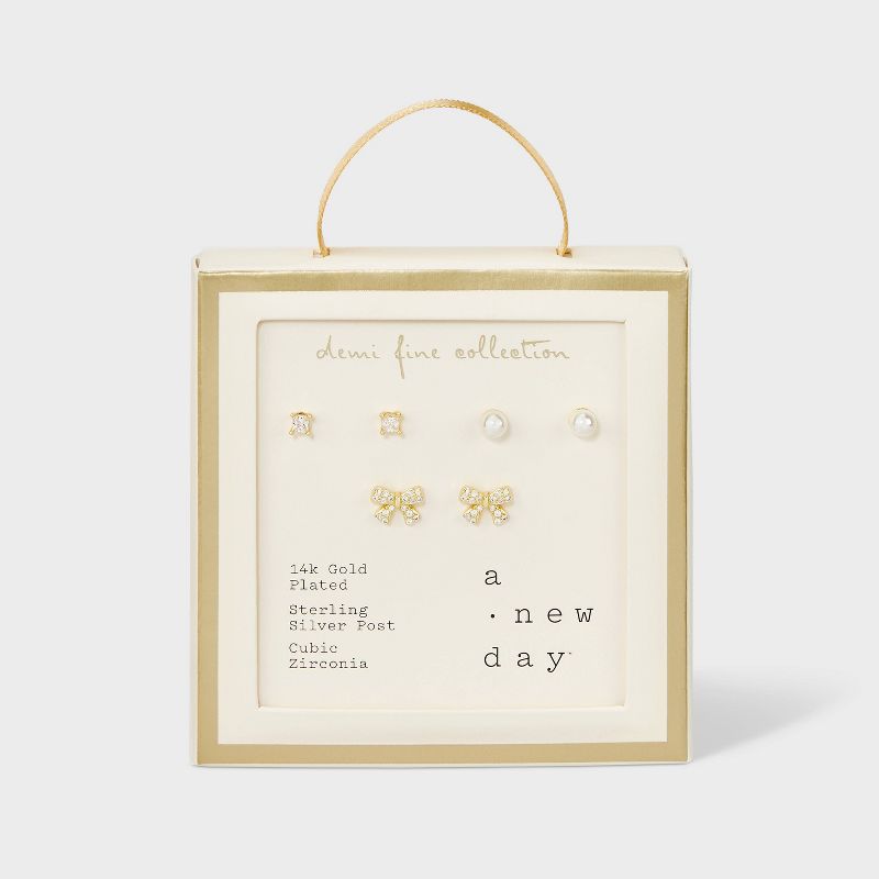 14k Gold Plated Simulated Pearl Round Cubic Zirconia Bow Stud Earring Set 3pc - A New Day™ Gold: Brass, Nickel-Free, Post Closure