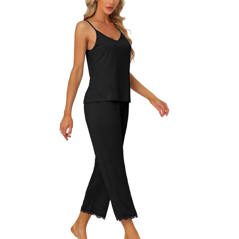 cheibear Women's Soft Cami Sleeveless Top and Capri Lace Trim Pants Summer Pajama Set X-Small Black