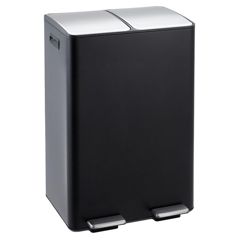 Dual Trash Can,16 Gal (2x30 l) Stainless Steel Kitchen Garbage Can with Lid and Inner Bucket,Double Compartment Trash and Recycle Bin Combo with Step