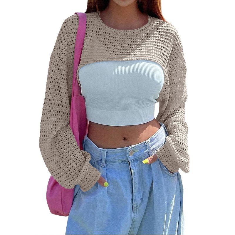 Womens Pullover Crochet Sweater Crew Neck Cropped Tops Shrugs Waffle Knit Crochet See Through Knit Top Cover Ups,Khaki - XL