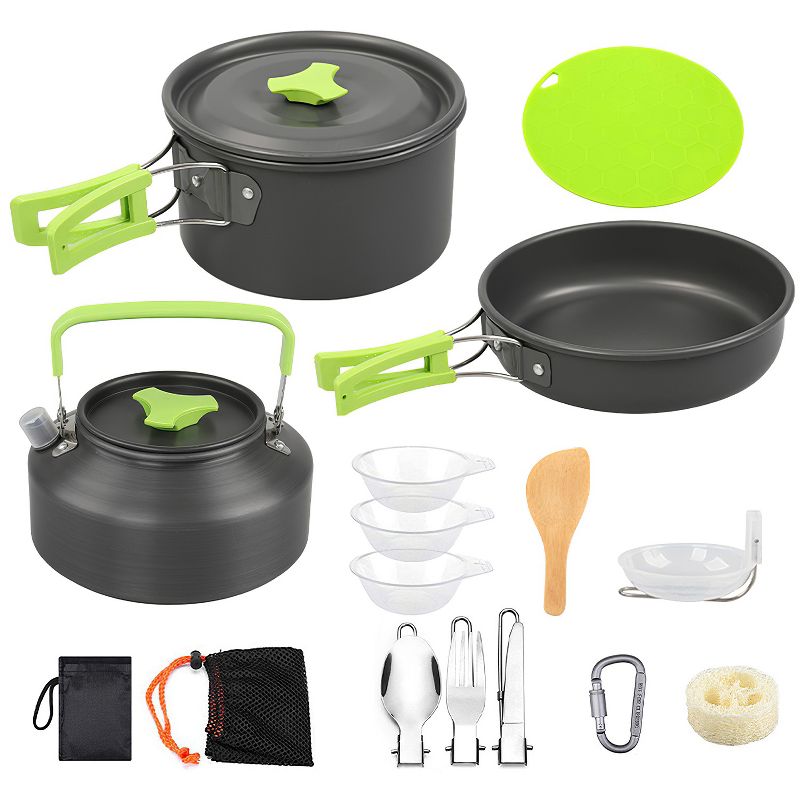 LakeForest"16-Piece Camping Cookware Set with Pot, Pan, Kettle, Cutlery, and Accessories for Outdoor Cooking"Grey