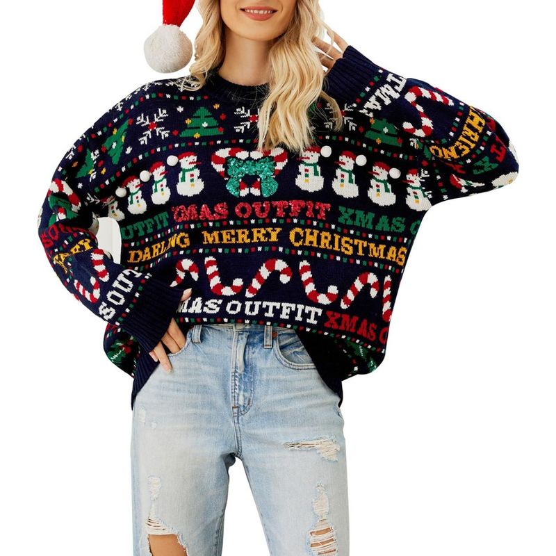 Coolmee Women's Ugly Christmas Sweaters for Women Cute Fuzzy Funny Wintertime and Holiday Parties Knitted Pullover Sweater Navy Bue M