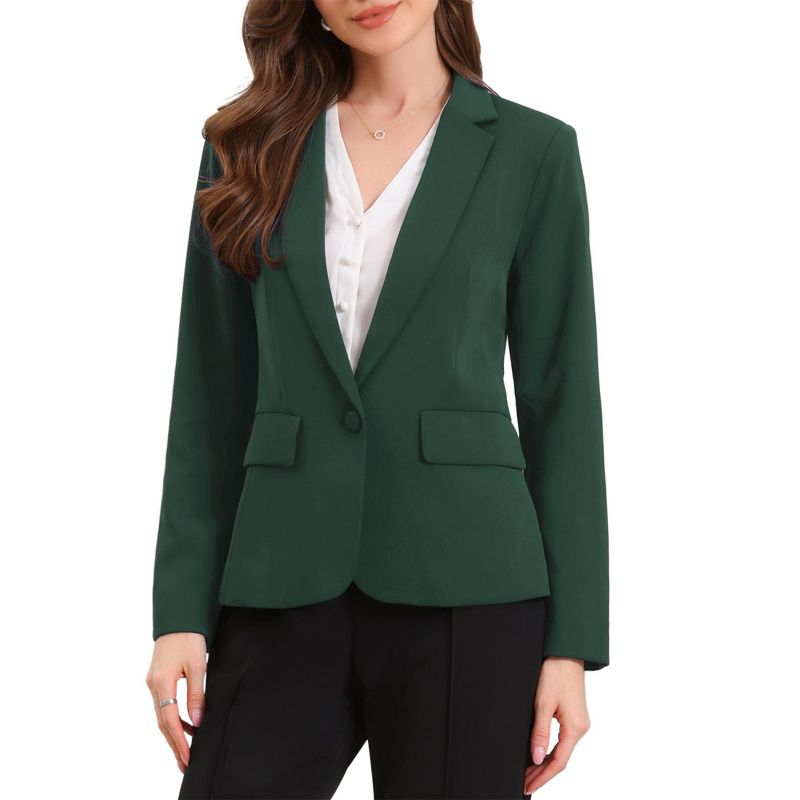INSPIRE CHIC Women's One Button Notch Lapel Long Sleeve with Shoulder Pads and Pockets Blazer Large Dark Green