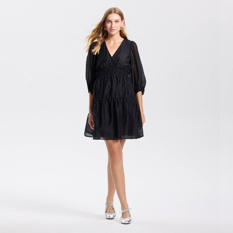 Women's Balloon Long Sleeve Shirring Mini A-Line Dress - A New Day™ Black XS
