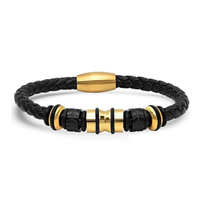 Steeltime Men's genuine black leather braided bracelet with 18k gold plated stainless steel accents. Color Options: Gold, Rose