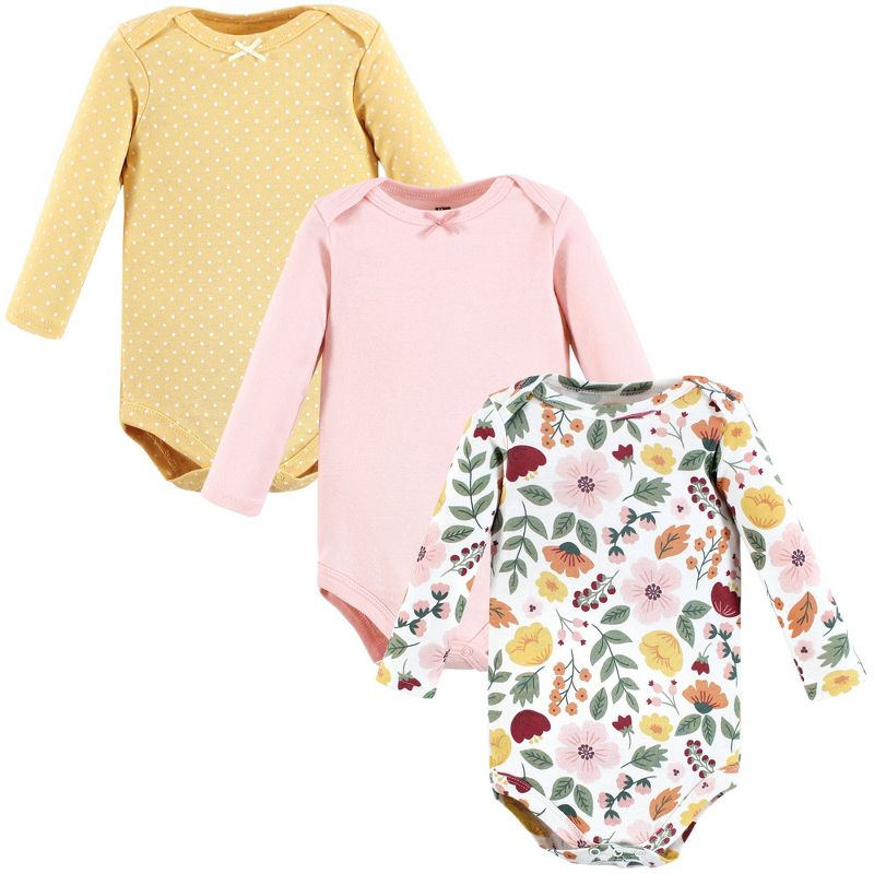 Hudson Baby Infant Girl Cotton Long-Sleeve Bodysuits, Fall Botanical 3-Pack, 3-6 Months