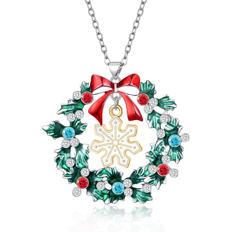 Christmas Wreath Pendant Necklace, Holiday Jewelry Gift for Women.