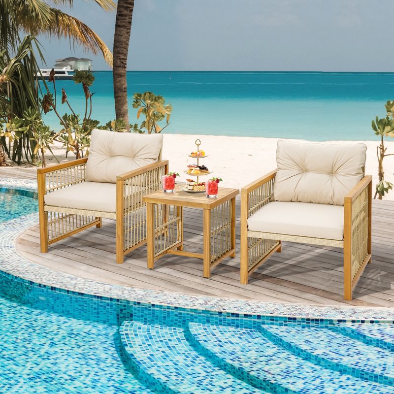 Costway 3PCS Patio PE Wicker Conversation Set Acacia Wood Frame withSeat & Back Cushions