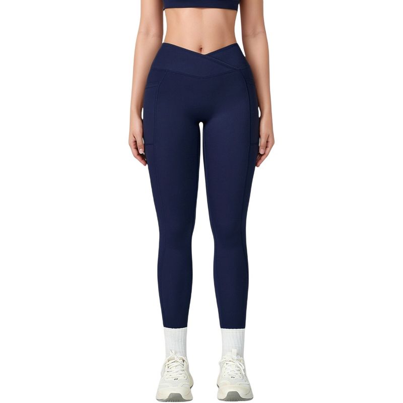 Anna-Kaci Active Women's High Waist Crossover Lounge Leggings with Full Length Slim Fit and Flattering Waistband - Medium, Navy