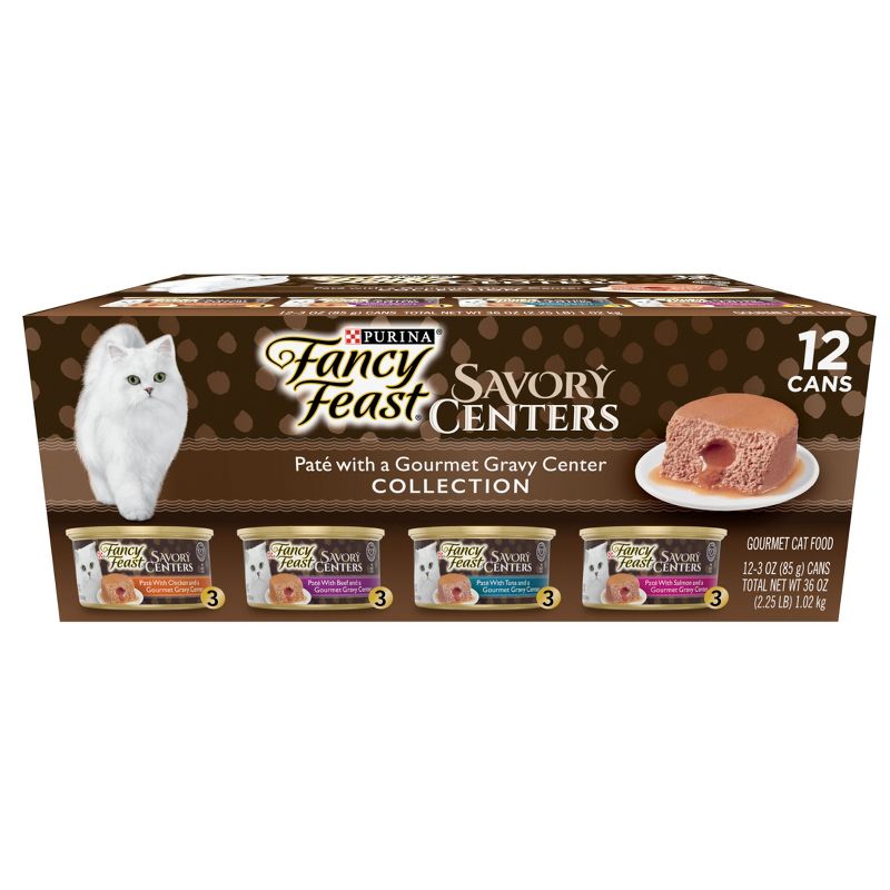 Purina Fancy Feast Savory Centers Paté Collection Gourmet with Tuna, Chicken, Salmon, Beef, Seafood and Fish Wet Cat Food - 3oz/12ct Variety Pack